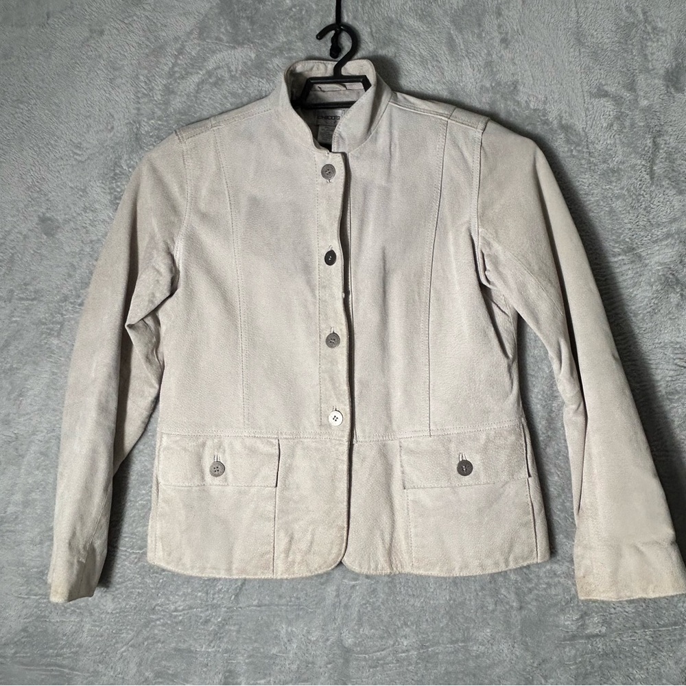 Chicos Leather Jacket Womens 1 Medium Beige‎ Suede Classy Button Up Pockets READ